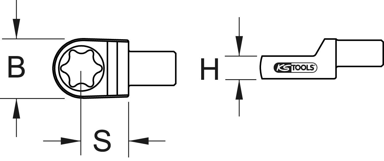 Technical drawing of a tool with dimensions B, S, and H. It shows side and top views with 'KS Tools' inscription.