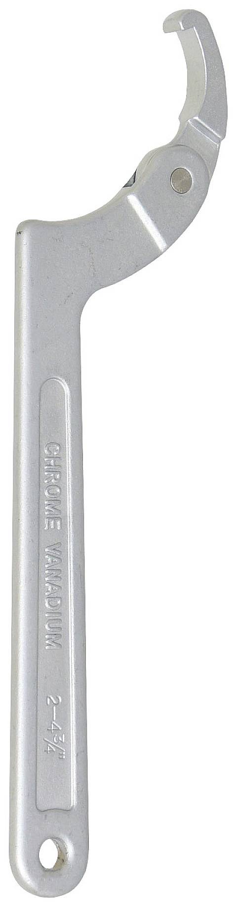 Silver hook spanner with a curved end, used for adjusting or securing round fastening elements or nuts.