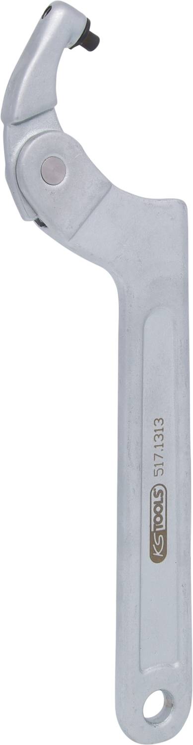 Pivoting metal hook spanner, used for fastening or assembly.