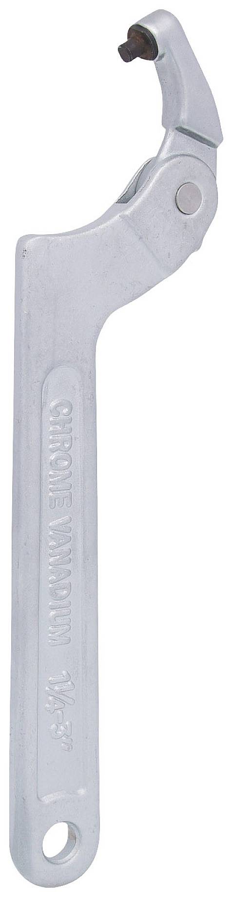 An adjustable metal pipe wrench with a rotating head, suitable for tightening pipes or bolts in various sizes.