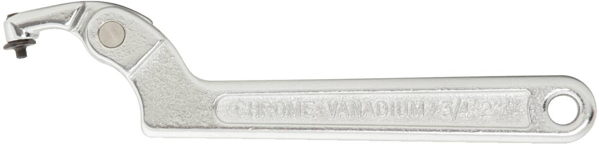 A silver hook spanner with a suspension point for use in mechanical work. Suitable for screw connections.