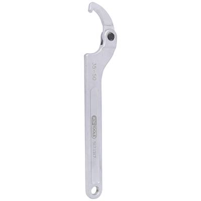 A metal hook spanner with '35-50' and 'TOOLS' stamped on it. It is used for loosening or tightening nuts.