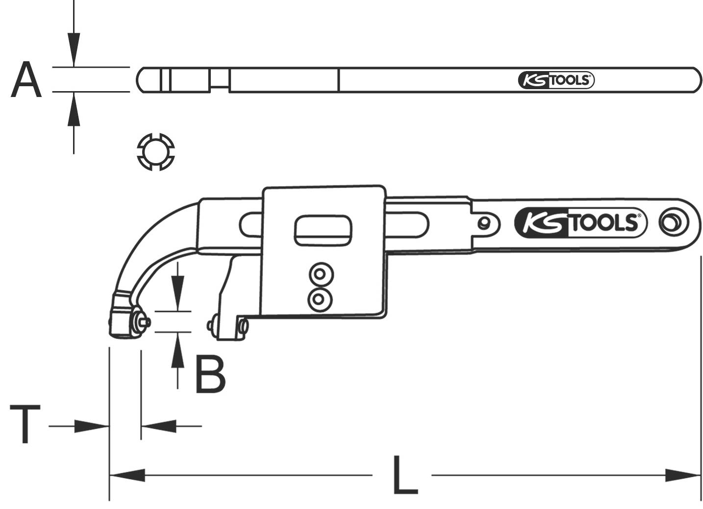 Tool illustration of a chain oil filter wrench by KS Tools, showing dimensions A, B, T and L for adapting to filter sizes.