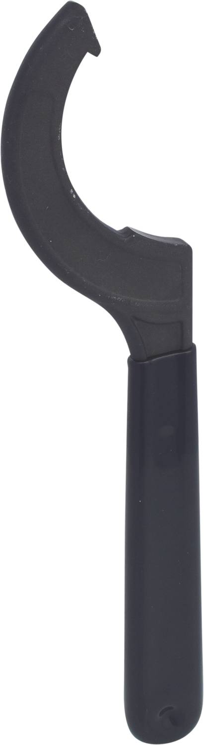 Black bottle opener with curved metal head and ergonomic handle, designed for easy bottle opening.