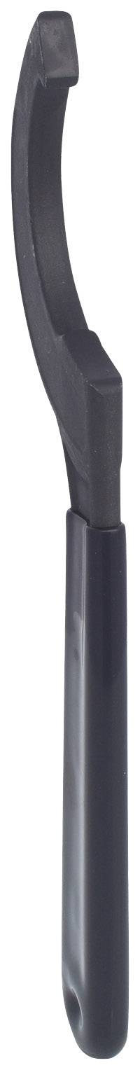 A black plastic handle with a curved metal attachment, presumably a container opener, against a white background.