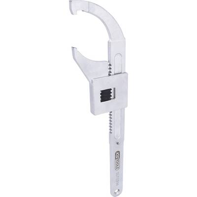 An adjustable metal spanner with a toothed gripping surface for tightening or loosening screws and nuts.
