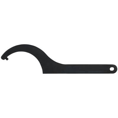 A black hook spanner, typically used for tightening or loosening round nuts or devices with recesses.