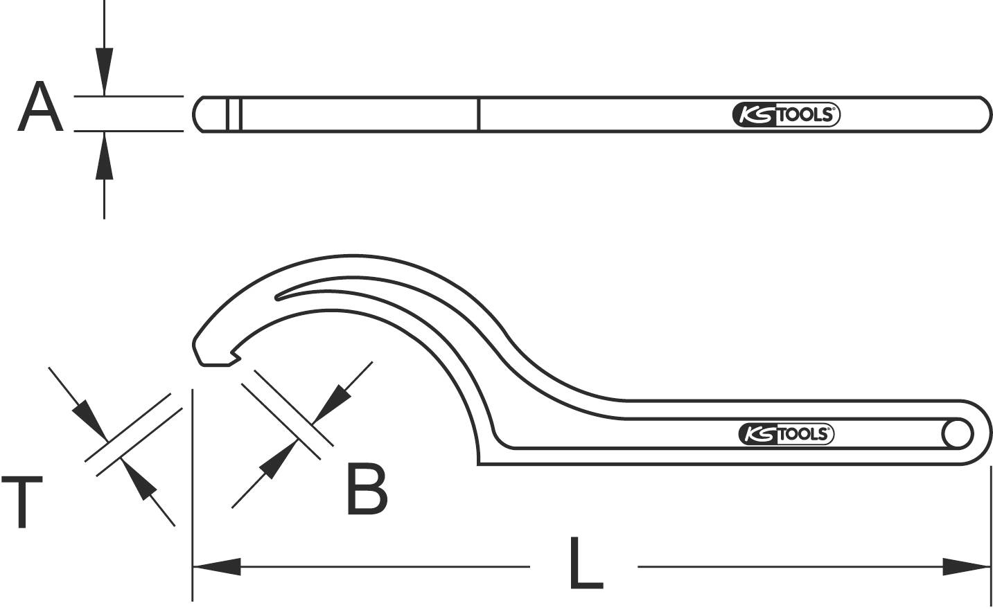 Technical drawing of a hook spanner by KS Tools with dimensions: Length 'L', Width 'B', Thickness 'T'.