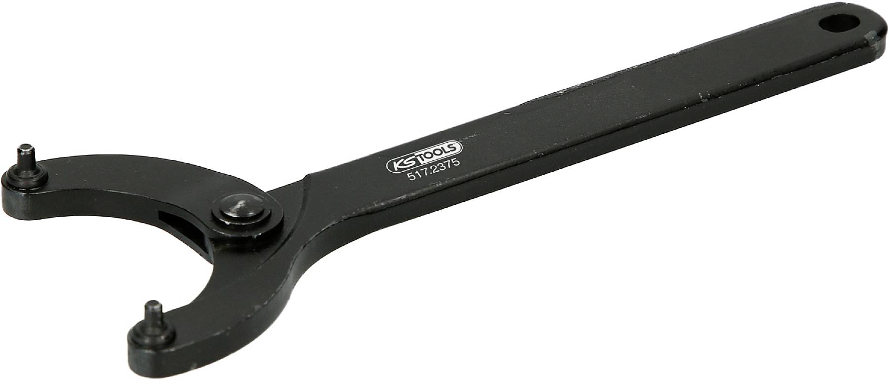 Black hook spanner with two pins, suitable for adjusting threaded nuts and tension locks, on a white background.