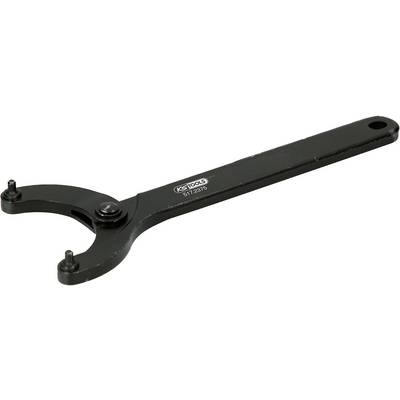 Black hook spanner with two pins, suitable for adjusting threaded nuts and tension locks, on a white background.