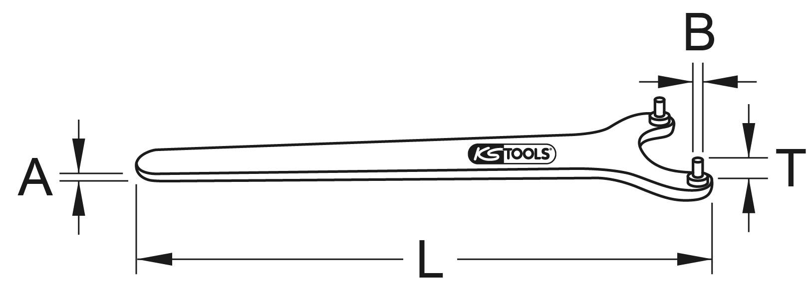 Figure of a hook spanner with labelling of dimensions: A, B, L and T. The spanner has the 'KS TOOLS' logo.