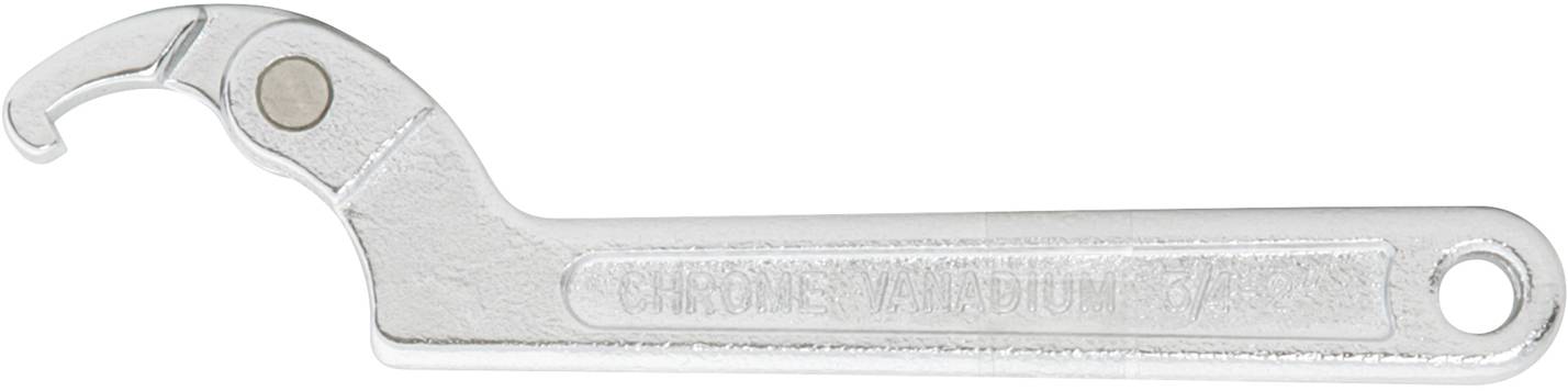 A silver hook spanner with a rounded handle. The handle has an embossed marking and a hole at the end.