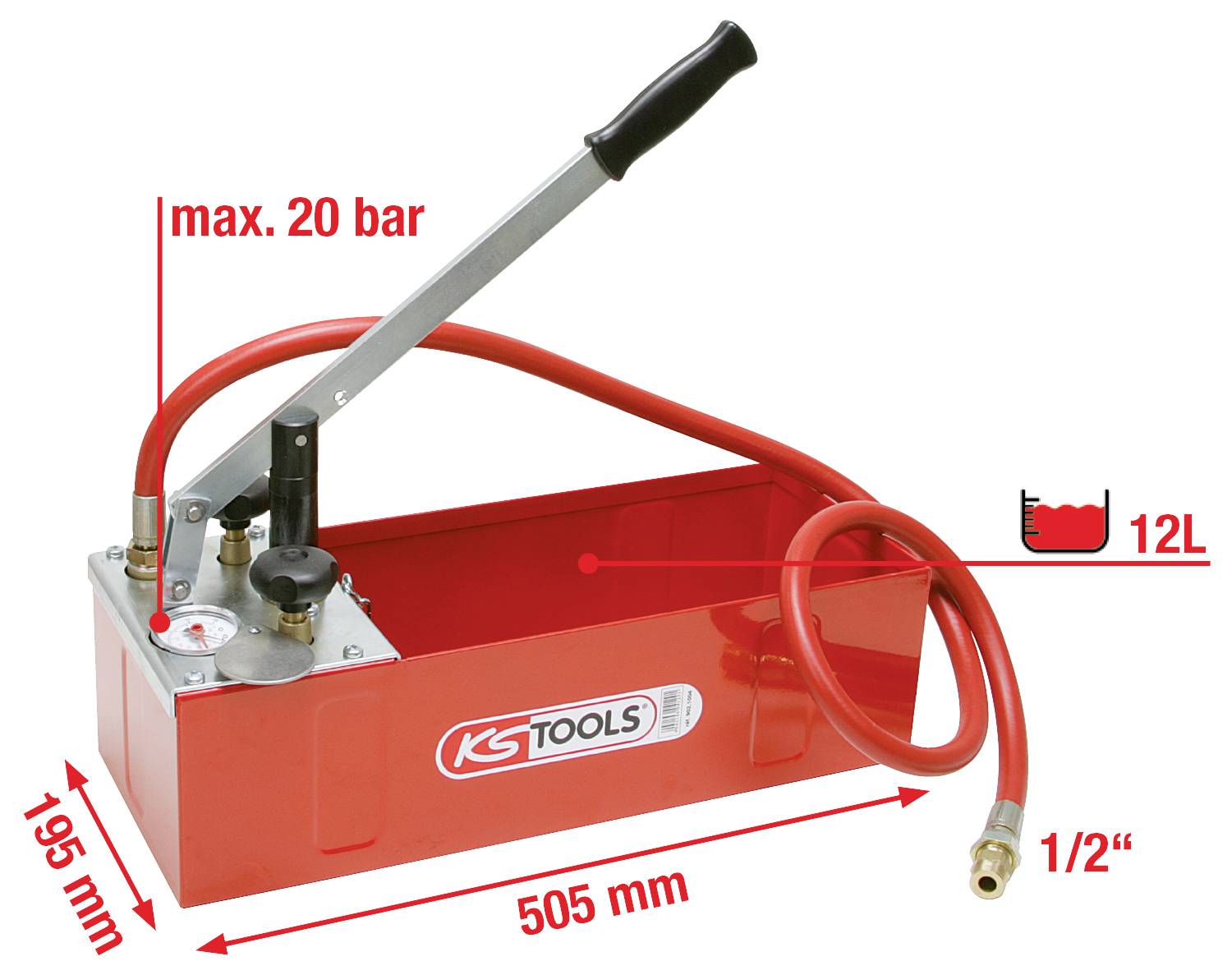 Red manual pressure testing pump with hand lever, pressure gauge and hose. Dimensions 505 mm x 195 mm. Maximum pressure 20 bar. Water tank capacity 12 litres.
