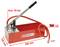 Red manual pressure testing pump with hand lever, pressure gauge and hose. Dimensions 505 mm x 195 mm. Maximum pressure 20 bar. Water tank capacity 12 litres.