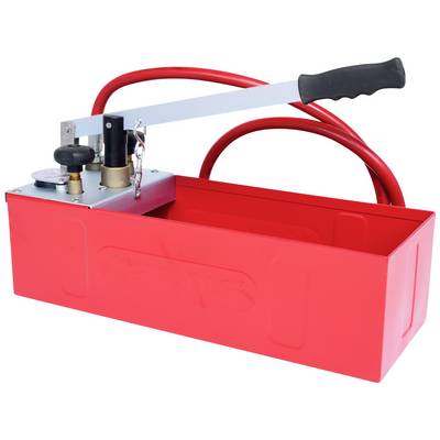 Manual pressure testing pump with metal lever and hose, used for checking pipe and system tightness.