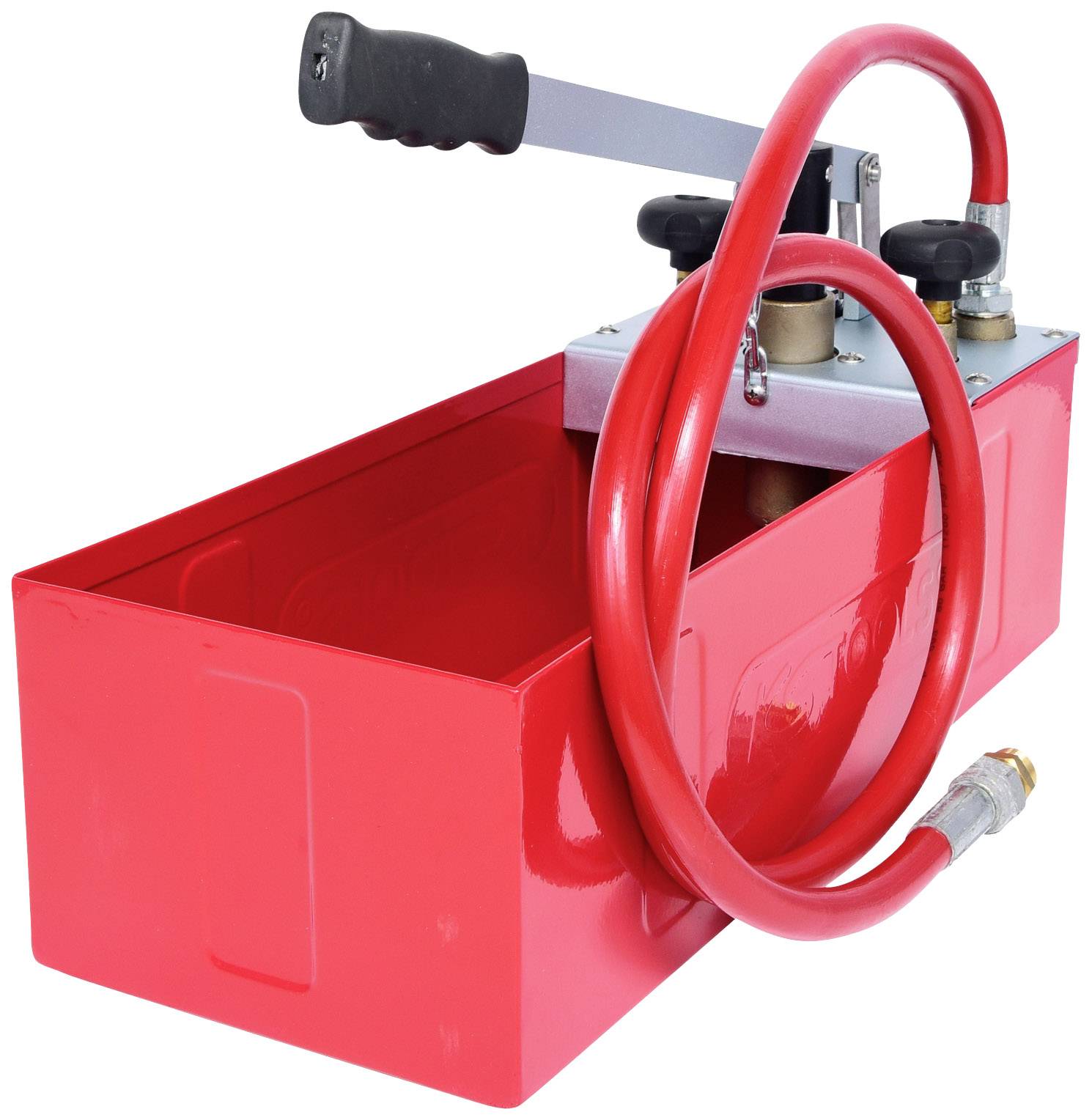 A red hand-operated pressure test pump with hose and handle, used for testing pressure in pipelines and heating systems.