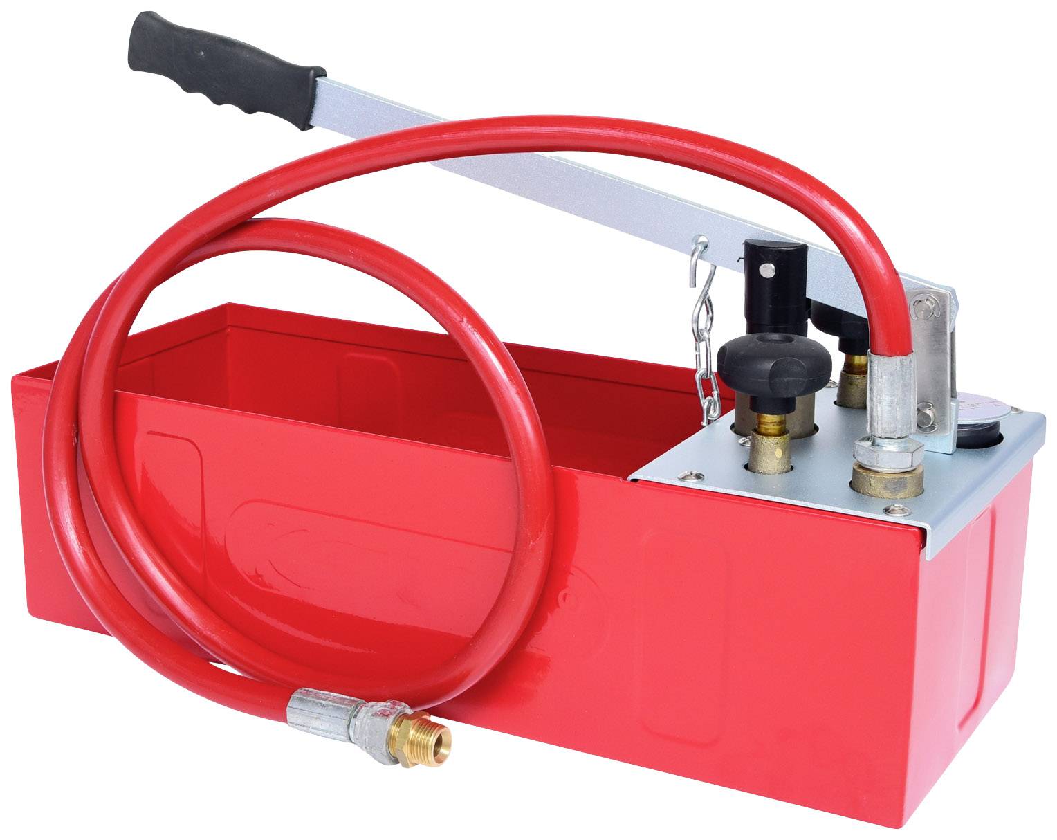 A red hand pump with a metal lever and an attached hose. It is used to carry out pressure tests.