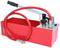 A red hand pump with a metal lever and an attached hose. It is used to carry out pressure tests.