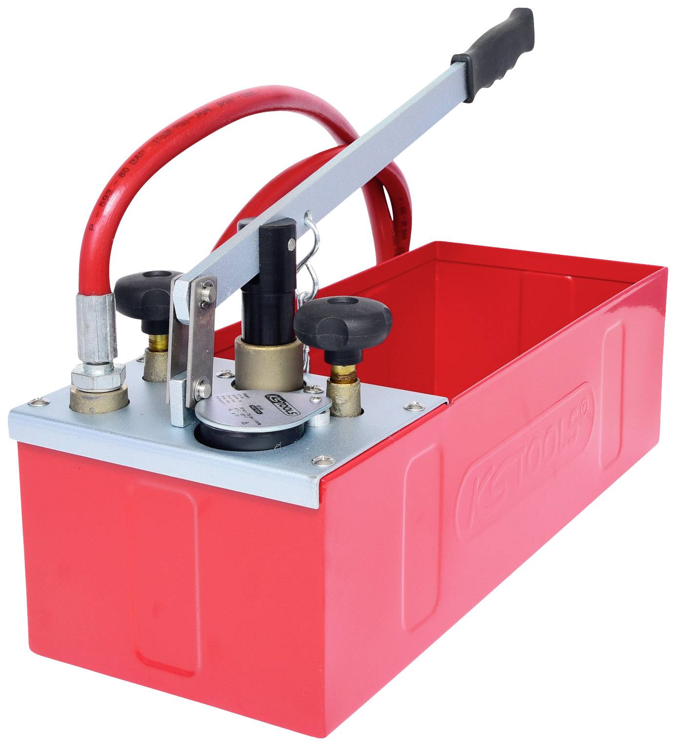 Red hand pump with metal handle and two connecting hoses. Used for pressure testing in installations and pipe systems.
