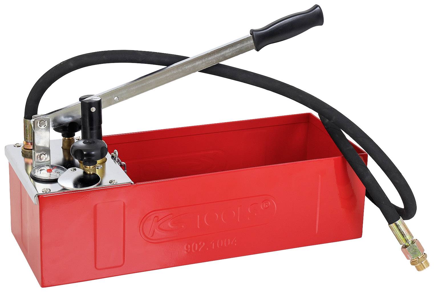 A red hand-operated hydraulic pump with a black handle and hoses, used for hydraulic applications.