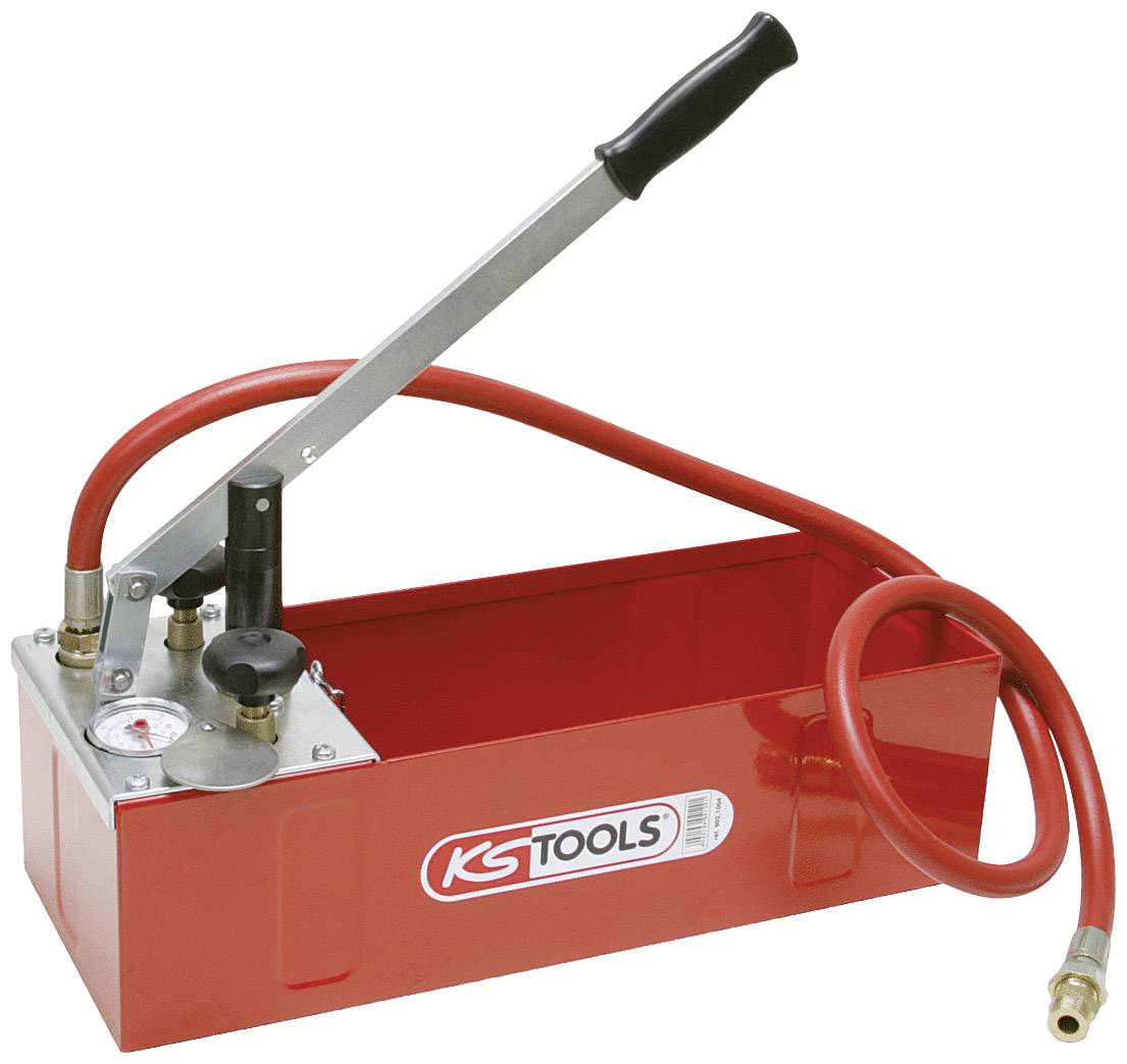 Red pressure testing hand pump by KS Tools with pressure gauge and hoses, used for pressure testing in plumbing and heating systems.