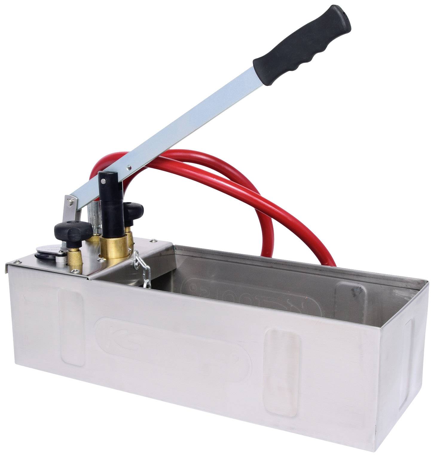 Manual hydraulic high-pressure test pump with long lever, two red hoses and a metal container. Primarily used for pressure testing.