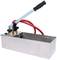 Manual hydraulic high-pressure test pump with long lever, two red hoses and a metal container. Primarily used for pressure testing.