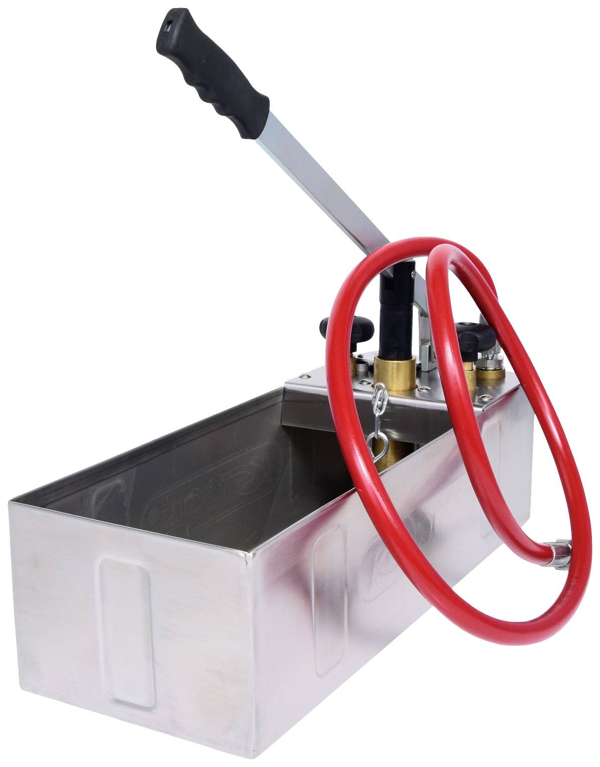 Metal manual water pump with a red hose and black handle. Used to manually pump water from a container.