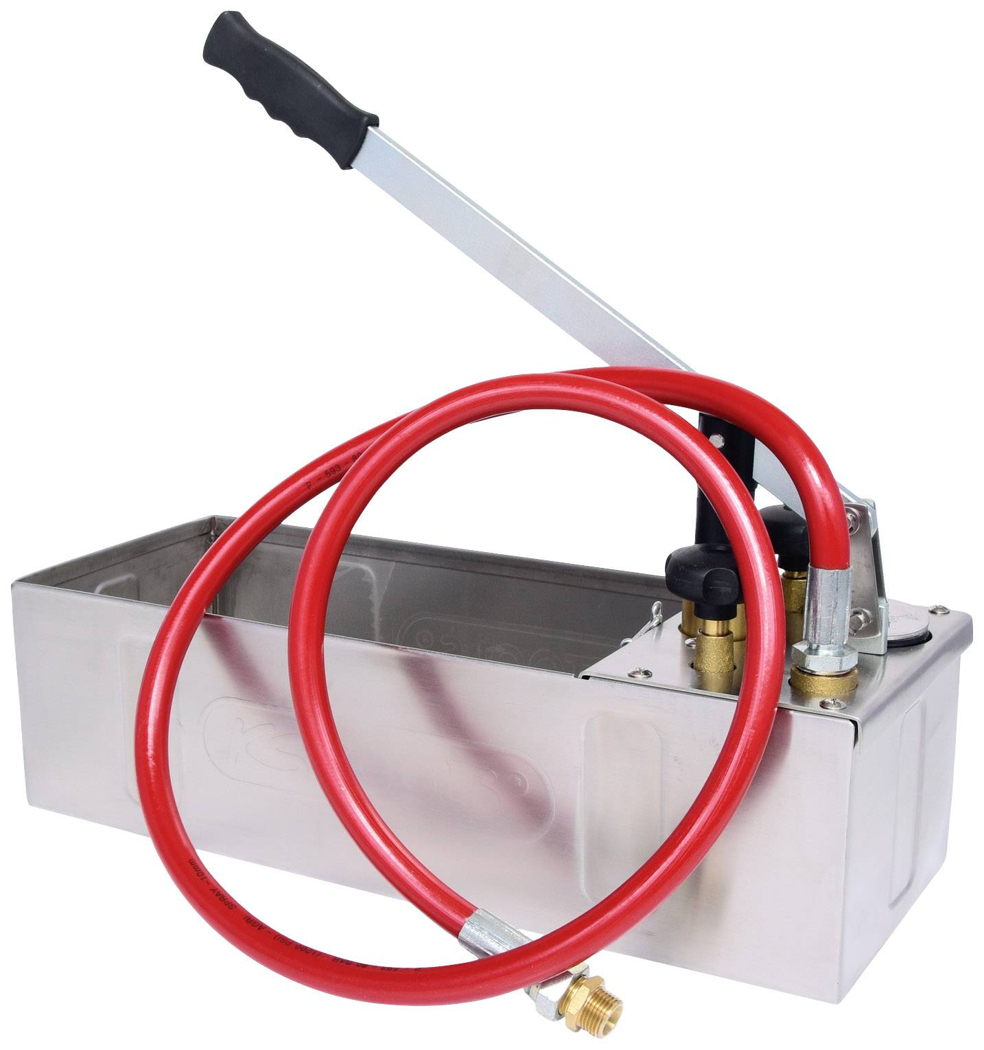 Hand-operated pressure testing pump with red hose and metal container, used for checking pressure systems for leaks.
