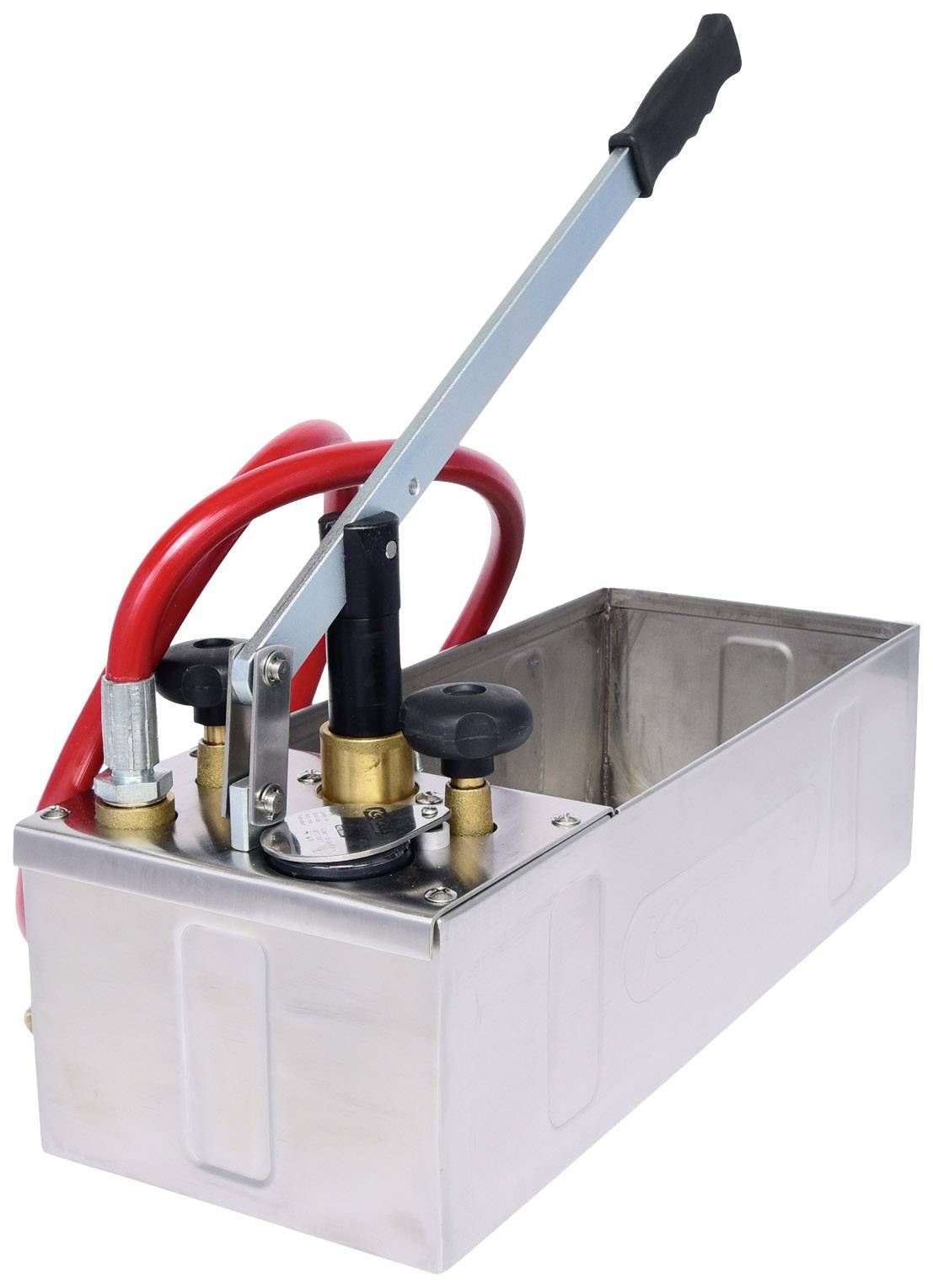Silver hand-operated pressure test pump with long lever and red hose, used for pressure tests in pipe and hydraulic systems.