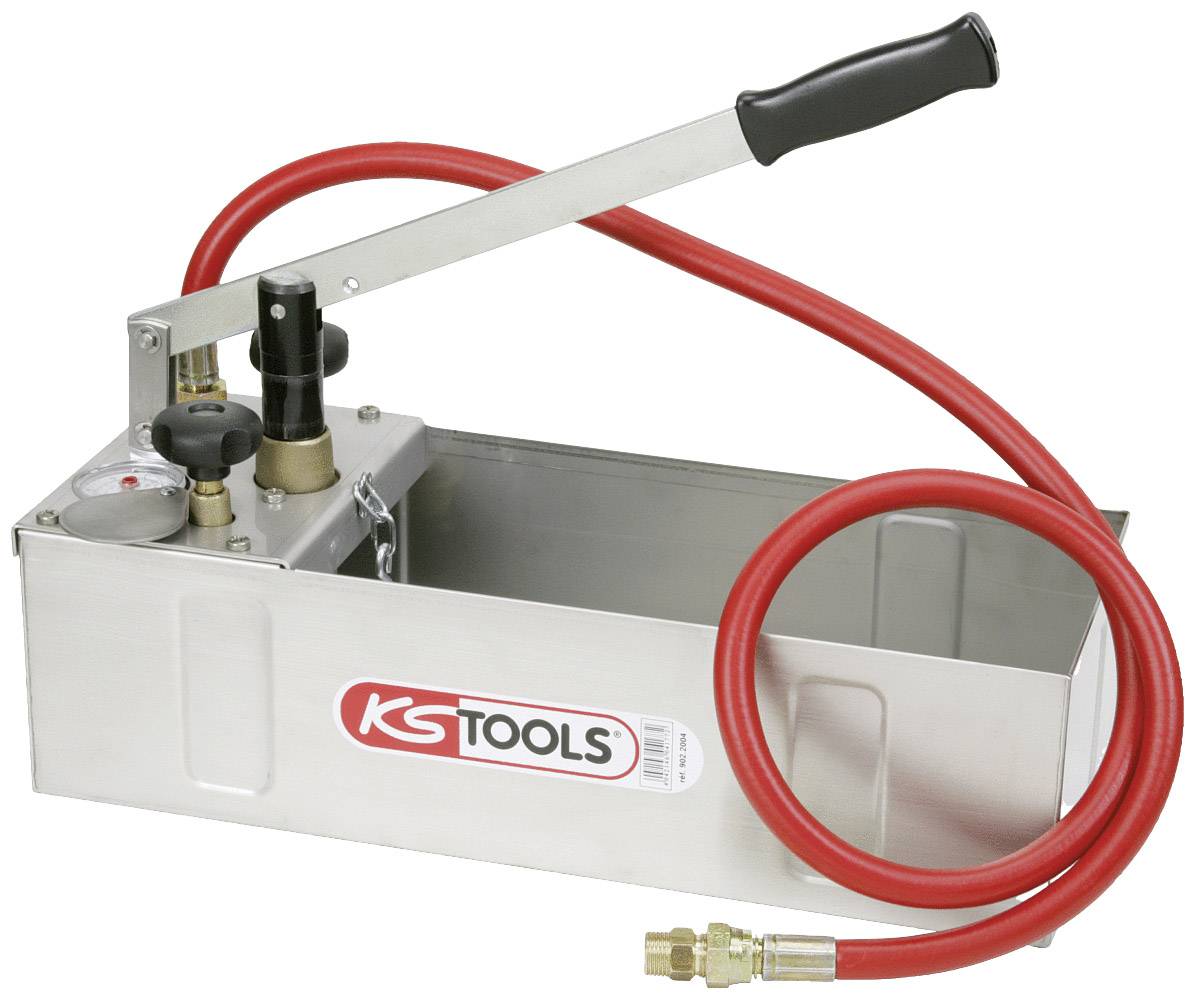 Manual pressure testing pump with red hose and pressure gauge, in a silver metal casing, with the inscription 'KS Tools'.