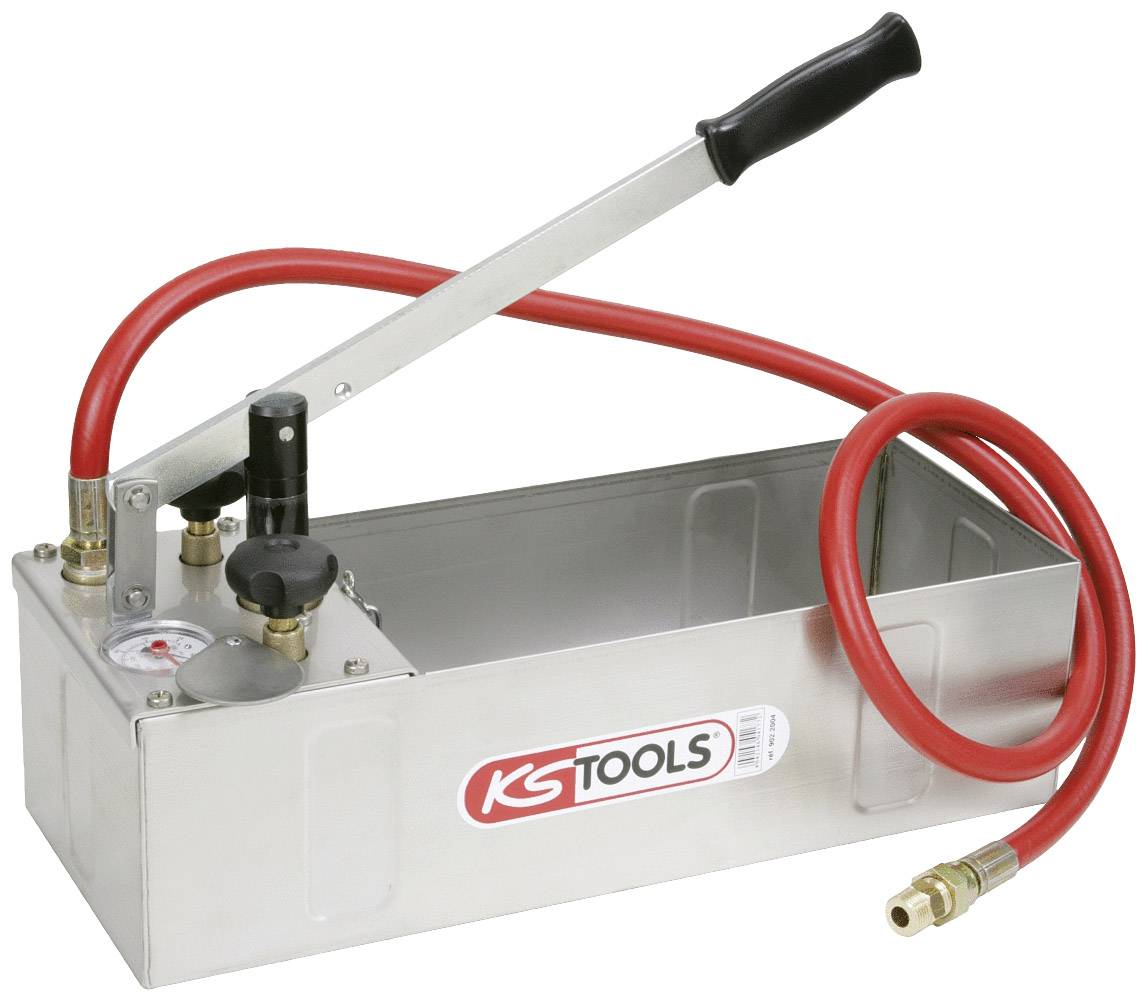 Manual pressure testing pump with red hose and metal container. Suitable for pressure tests in installations and pipework.