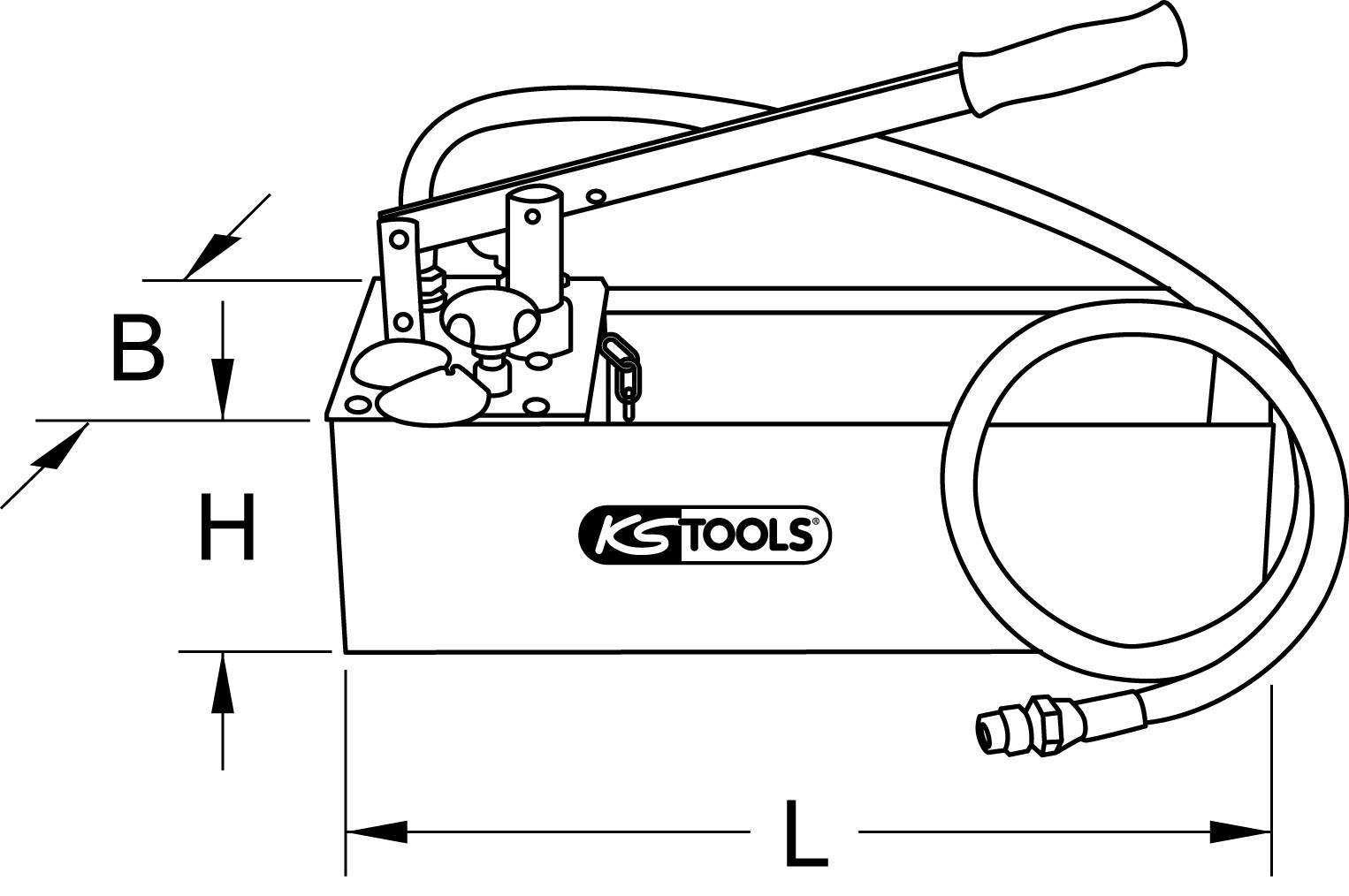 Hand-operated pump with KS Tools logo, lever at the top, and connected hose. Dimensions: W (Width), H (Height), L (Length) specified.