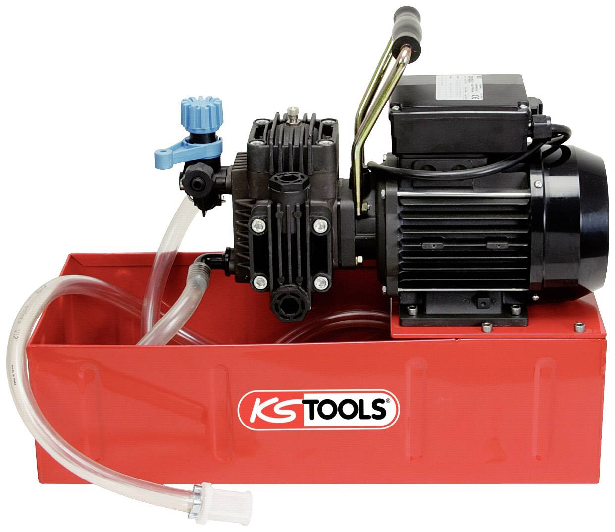 Red electric pump in a tool box with 'KS Tools' logo, fitted with blue and black valves and transparent hoses.