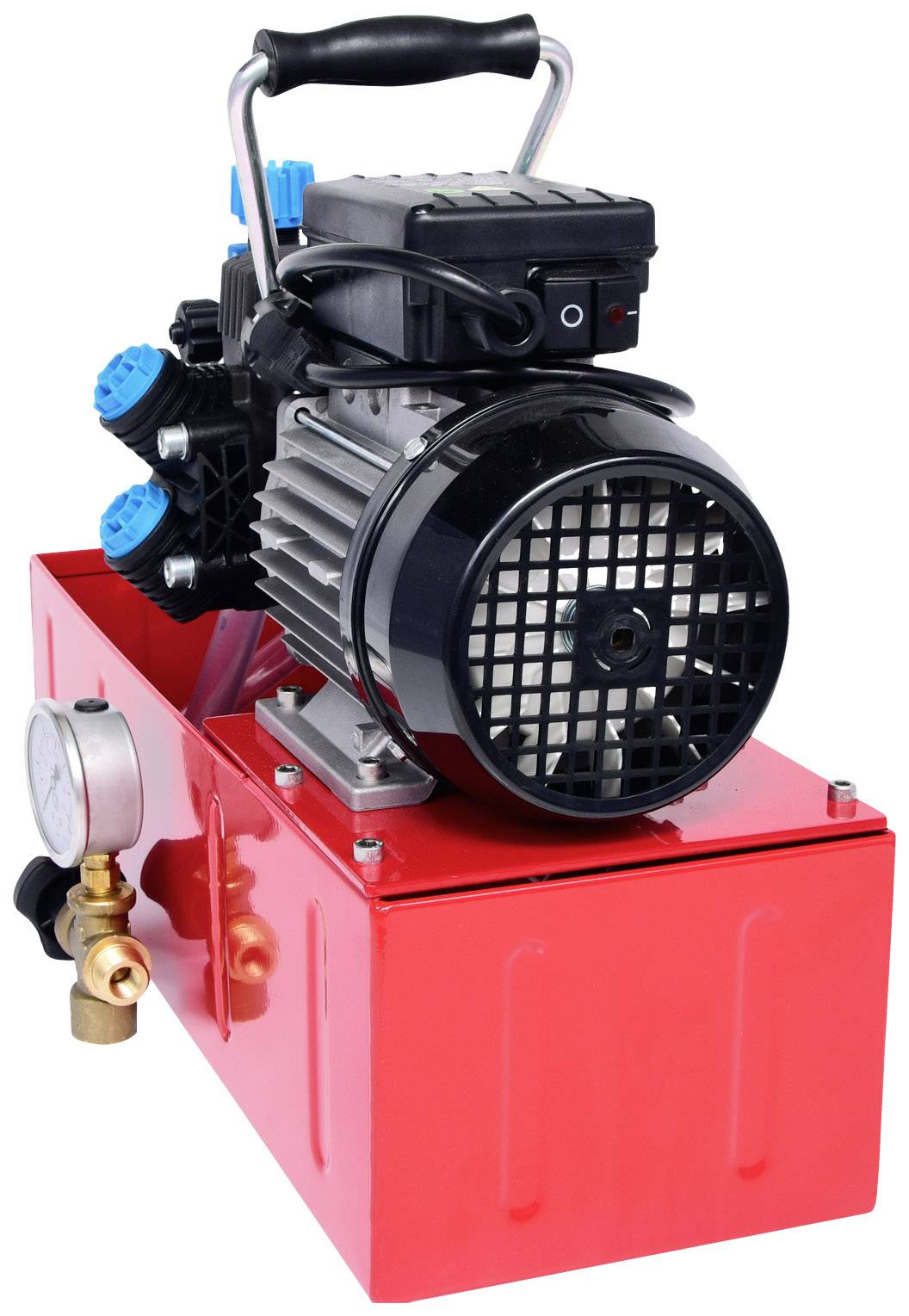 A red compressor with a black fan and blue valves. It stands on a metal base and has a pressure gauge on the side.