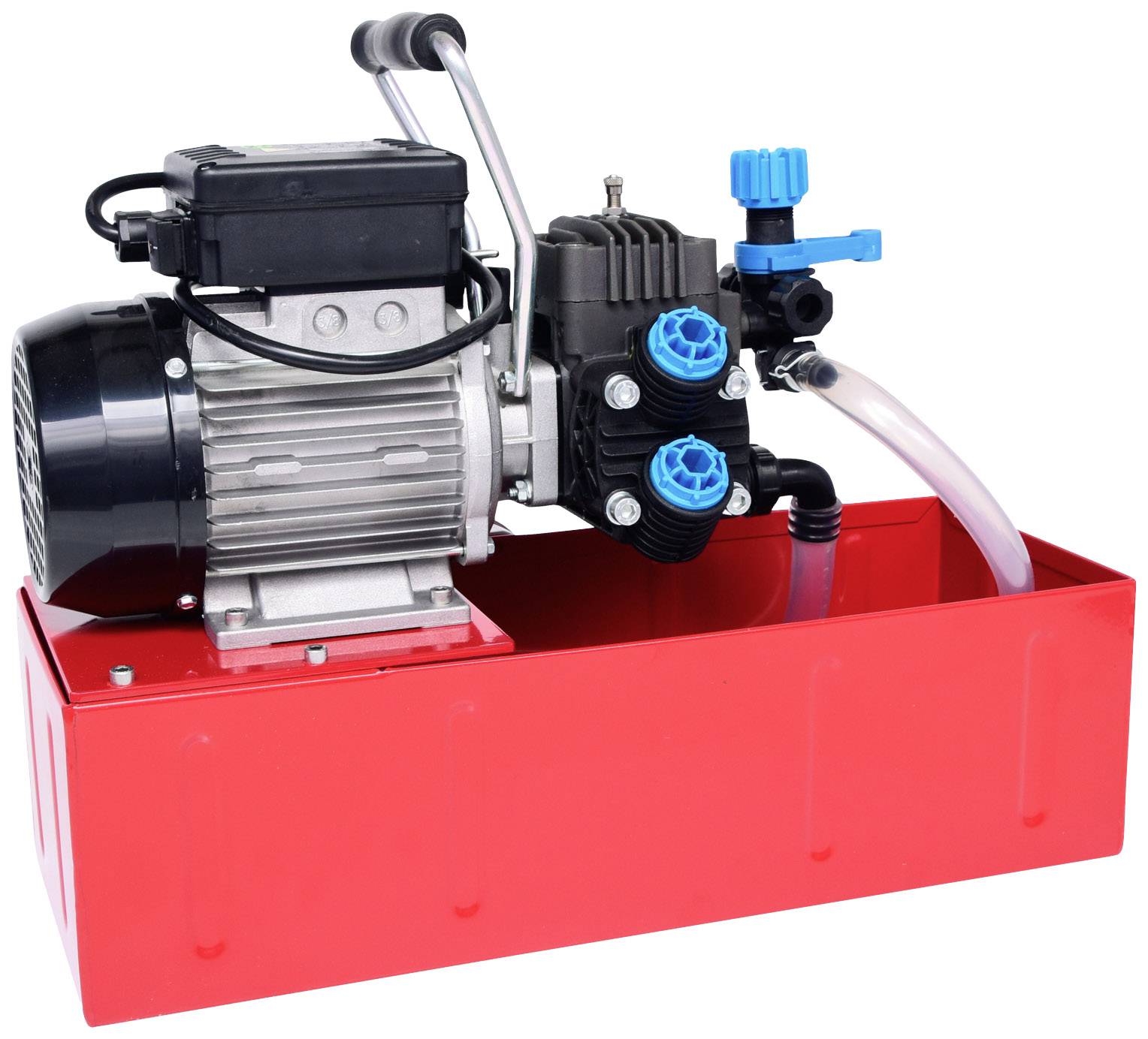 A red pump with hoses and valves, suitable for use in agricultural or industrial machinery.