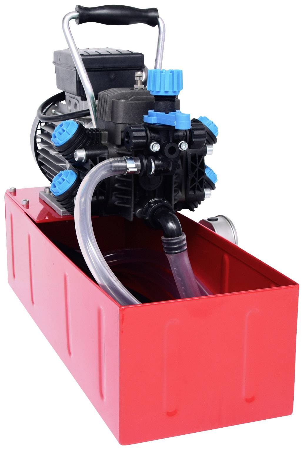 A red electric pump with black and blue valves is situated in a red drip tray.