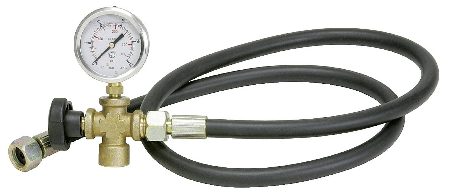 A pressure gauge with a metal casing is attached to a flexible black hose. It displays pressure measurements.