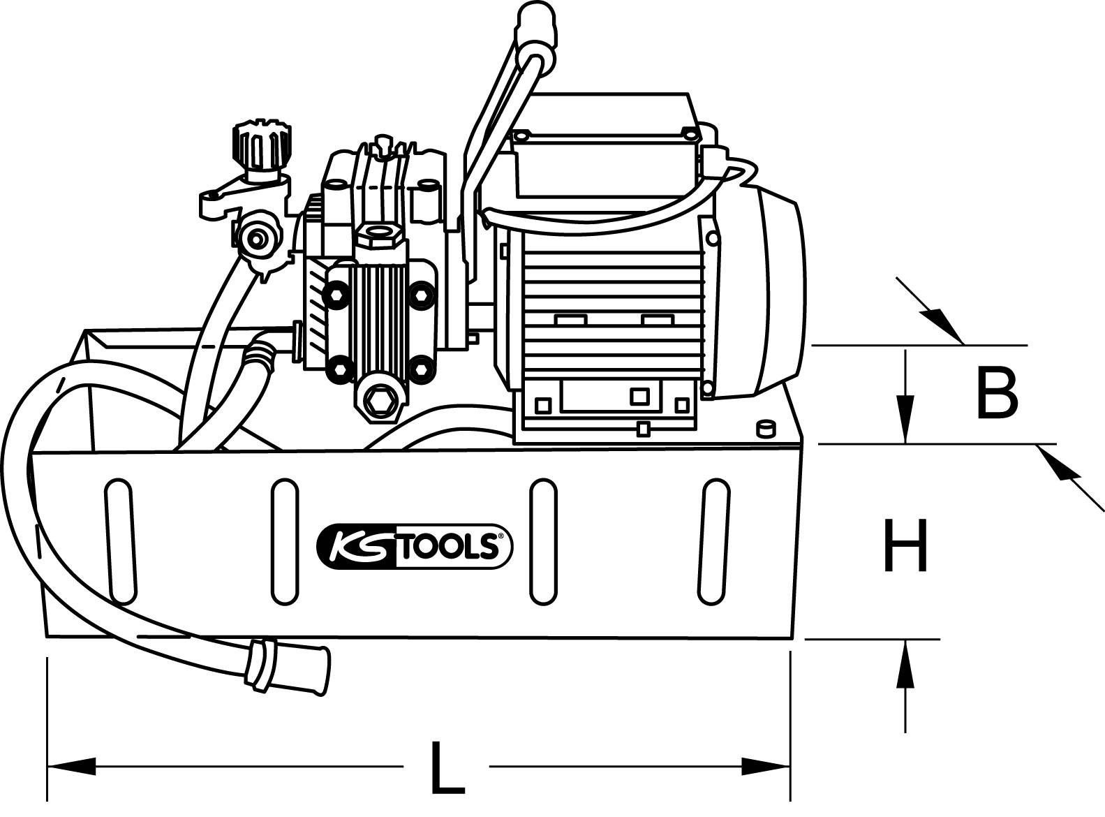The graphic shows a technical drawing of a KS Tools water pump in a rectangular housing with markings for length (L), width (W), and height (H).