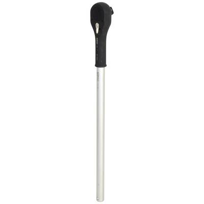 A silver torque wrench with a black handle, suitable for precise tightening of bolts and nuts in mechanical applications.