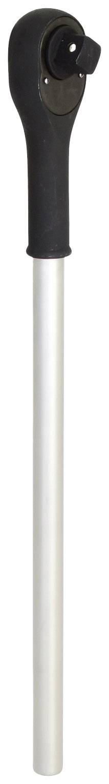 A long, grey torque wrench with a black, round head.