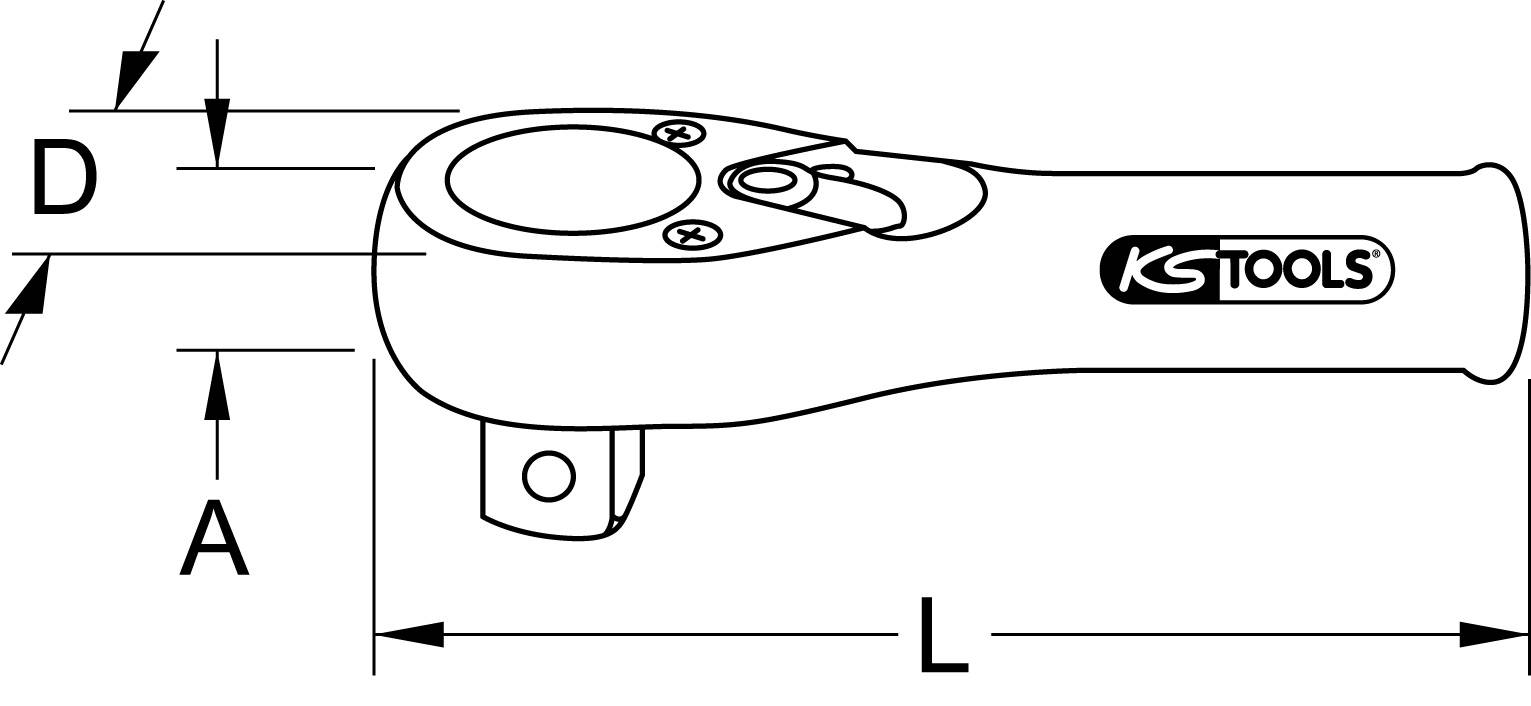 Ratchet diagram with side view shows length (L), height (A) and head width (D). KS Tools logo on the handle.