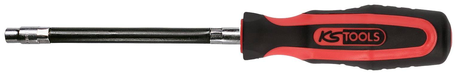 Black and red screwdriver with a rubber-gripped handle and a long, slender shaft.