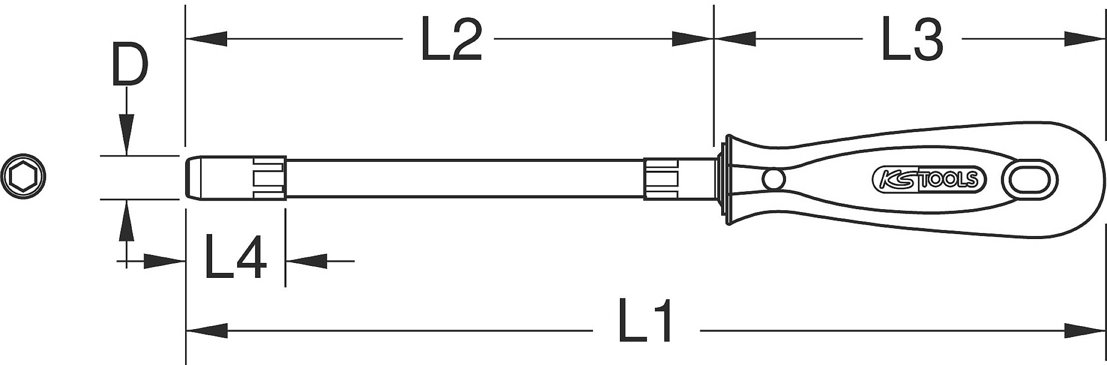 Diagram of a screwdriver with dimensional specifications: length L1, L2, L3, L4 and diameter D, presented as a technical drawing.