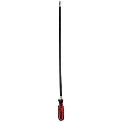 Desk lamp with a red handle and black shaft, directing light upwards, suitable for workshop or outdoor use.