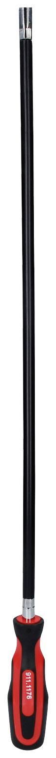A red and black long-handled tool, possibly a spanner; suitable for changing car tyres.