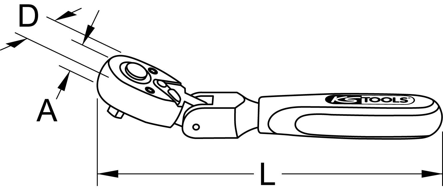 Figure of a reversible ratchet with length measurement 'L', head diameter 'D' and angular position 'A'.