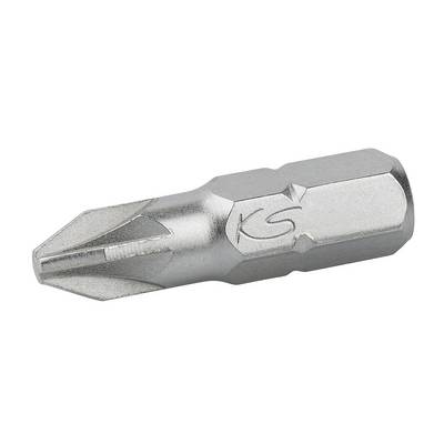 Metal cross-head screwdriver bit showing the point and engraved 'KS' logo. Used for cross-head screw fastenings.
