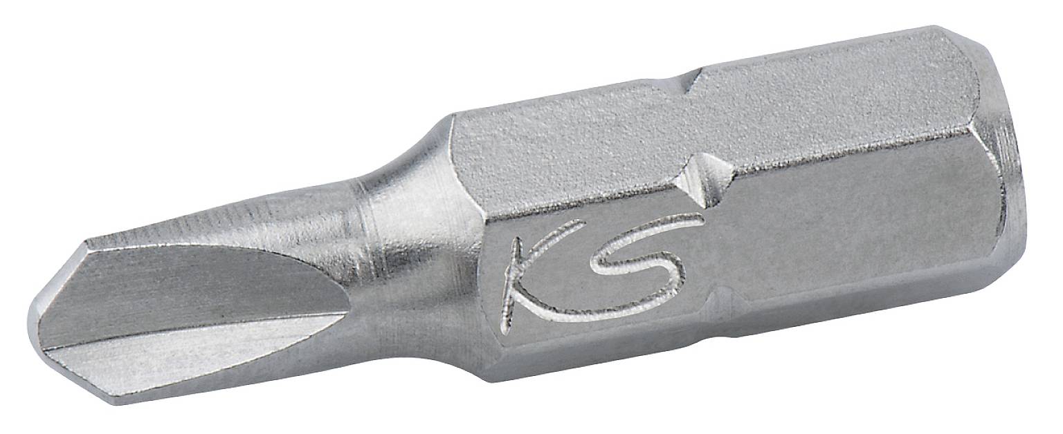 Metal Phillips head screwdriver bit with an engraved 'KS' inscription, close-up view.