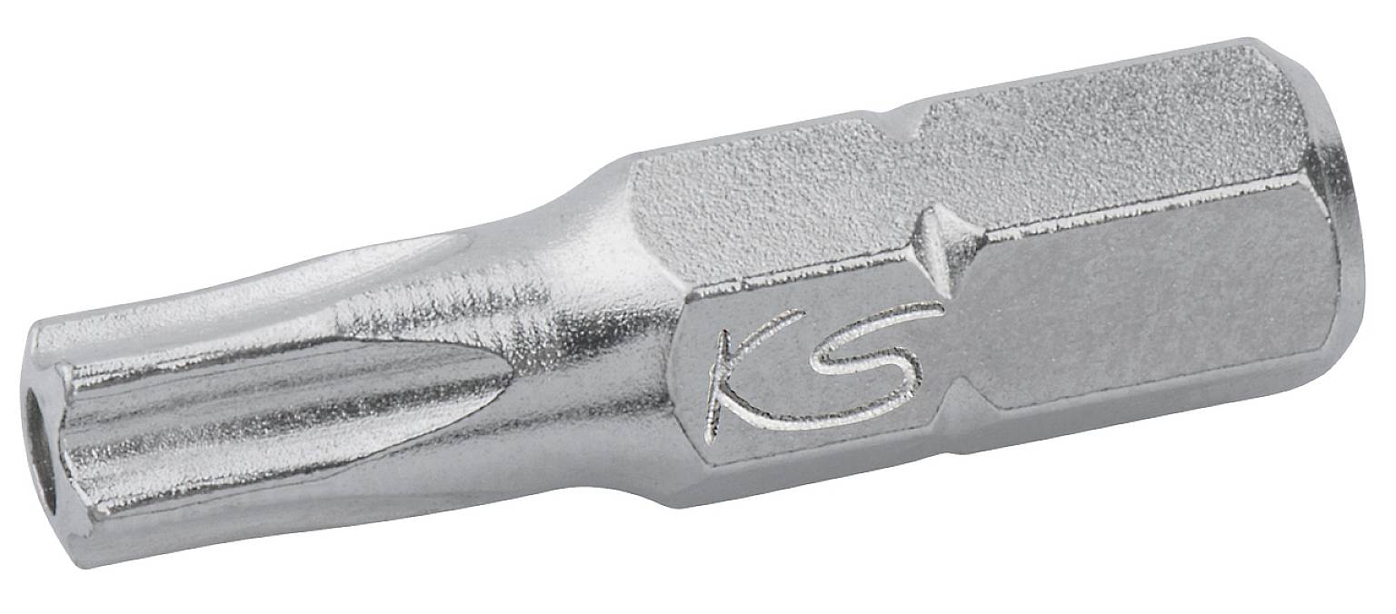 A silver screwdriver bit with a hexagonal base and Torx tip. 'KS' is visible engraved on the side.